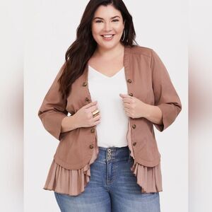 Torrid tan twill georgette peplum jacket Size 2 military mixed media = 2XL brown